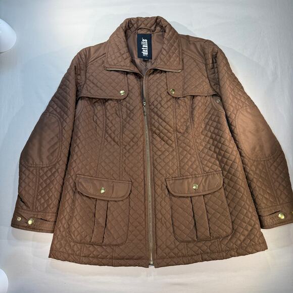 Details Intl Brown Quilted Jacket Womens Large Lightweight Snap Pocket Coat - Picture 2 of 8
